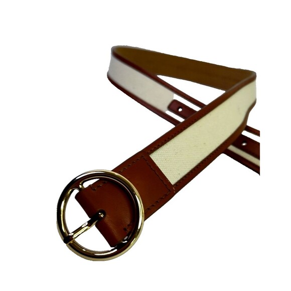 Ann Taylor S (31"-35") Womens Belt Leather Canvas Brown Beige Gold Tone Buckle - Picture 2 of 11